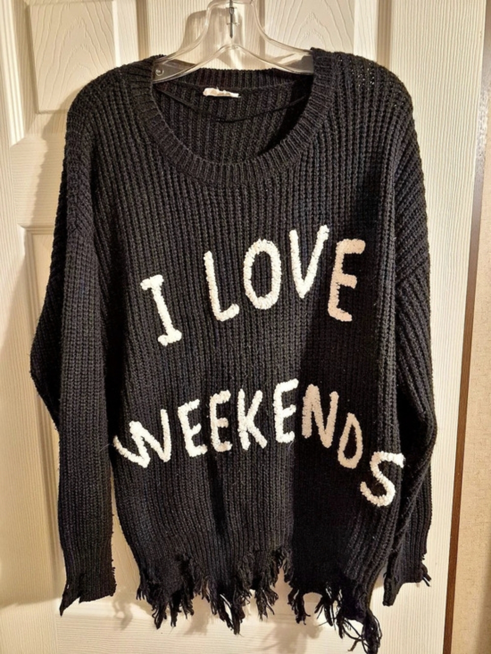 GeeGee  I Love Weekends Graphic Fringe Sweater in Black & White